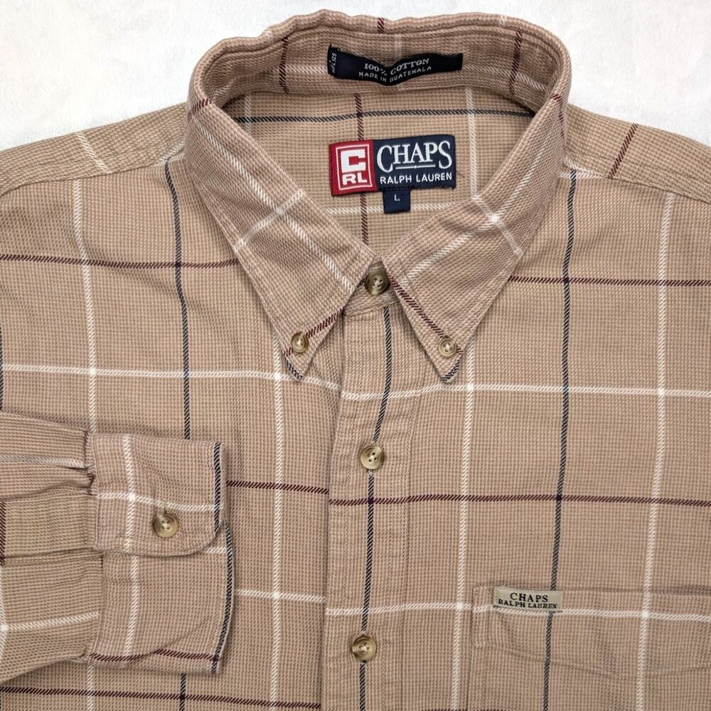 Chaps Ralph Lauren Vintage Mens Button Down Shirt‎ Large Brown Plaid Oxford Y2K